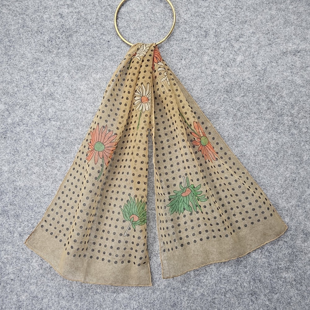 Vintage 70s Sheer Scarf Women Beige Polka Dot Daisy Floral Whimsy Cottage 12x44